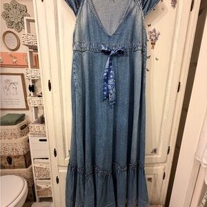 Free People Blue Denim Maxi Dress with Floral Tie